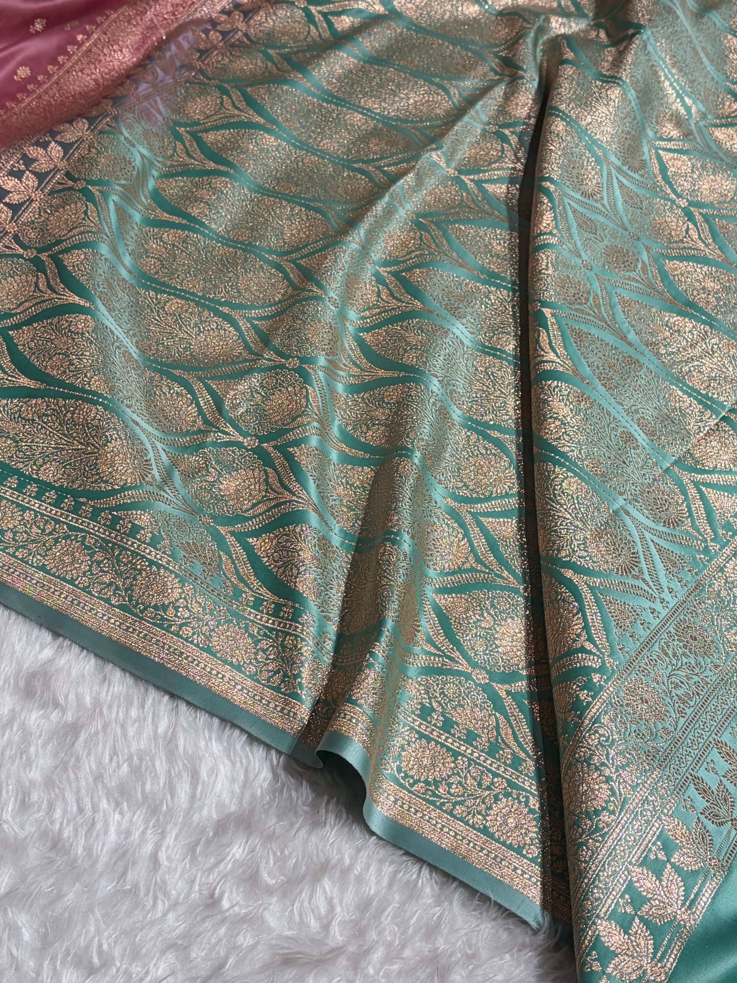 Contrast Baby Pink / Turquoise Floral Booti Banarasi Satin Katan Silk Saree SK16