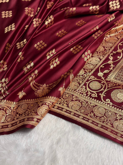 Garnet Floral Boota Satin Katan Silk saree SK34