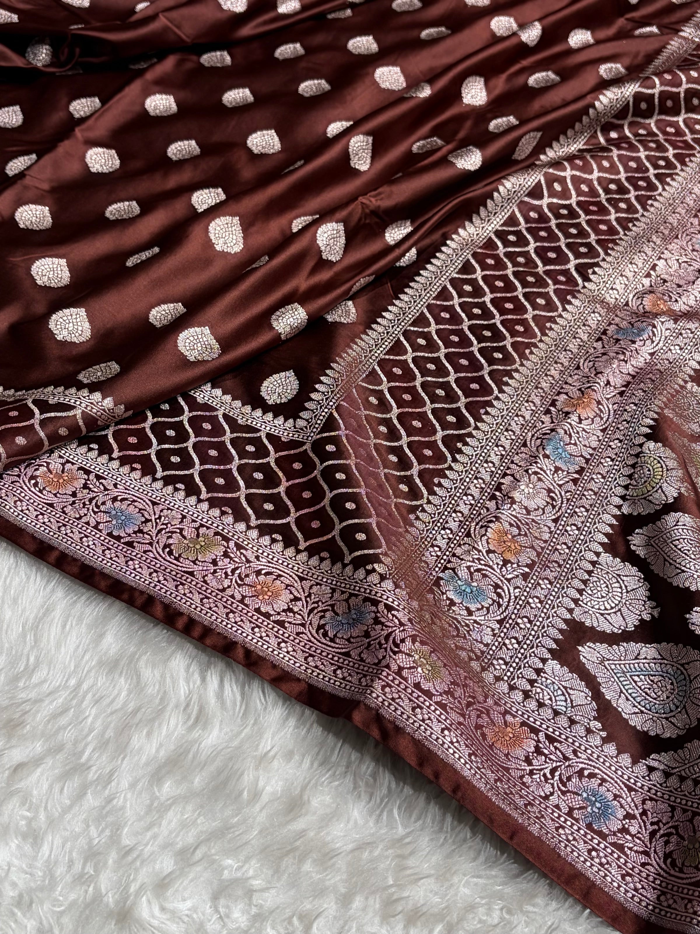 Chocolate Shades Minakari Floral Border Booti Mashru Silk Saree