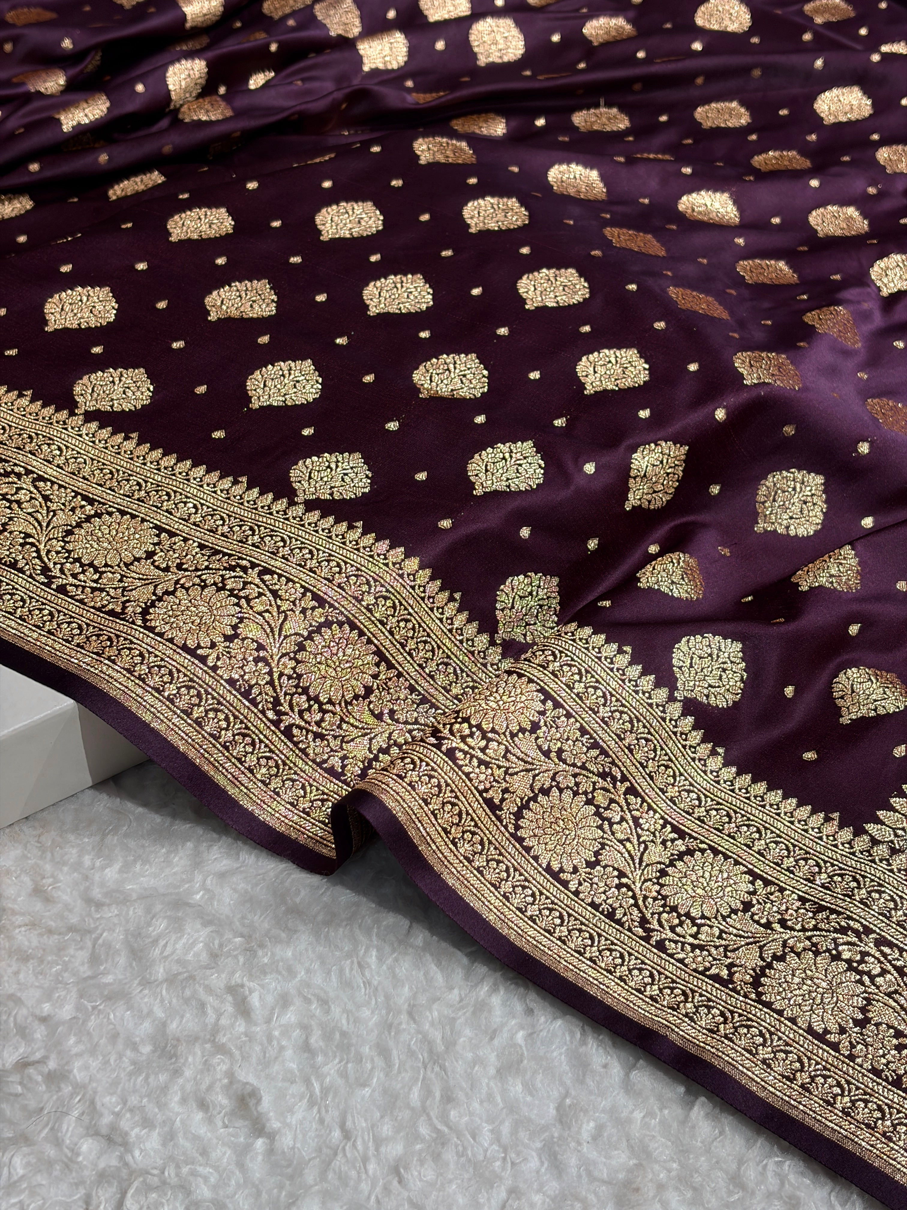 Cross Dark Wine Unique Boota Pattern Satin Katan Silk Saree SK69