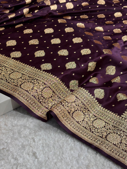 Cross Dark Wine Unique Boota Pattern Satin Katan Silk Saree SK69
