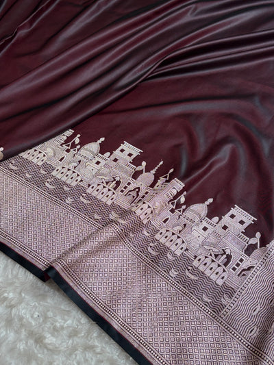 Cross Garnet Shades Ghat Pattern Satin Katan Silk Saree SK19