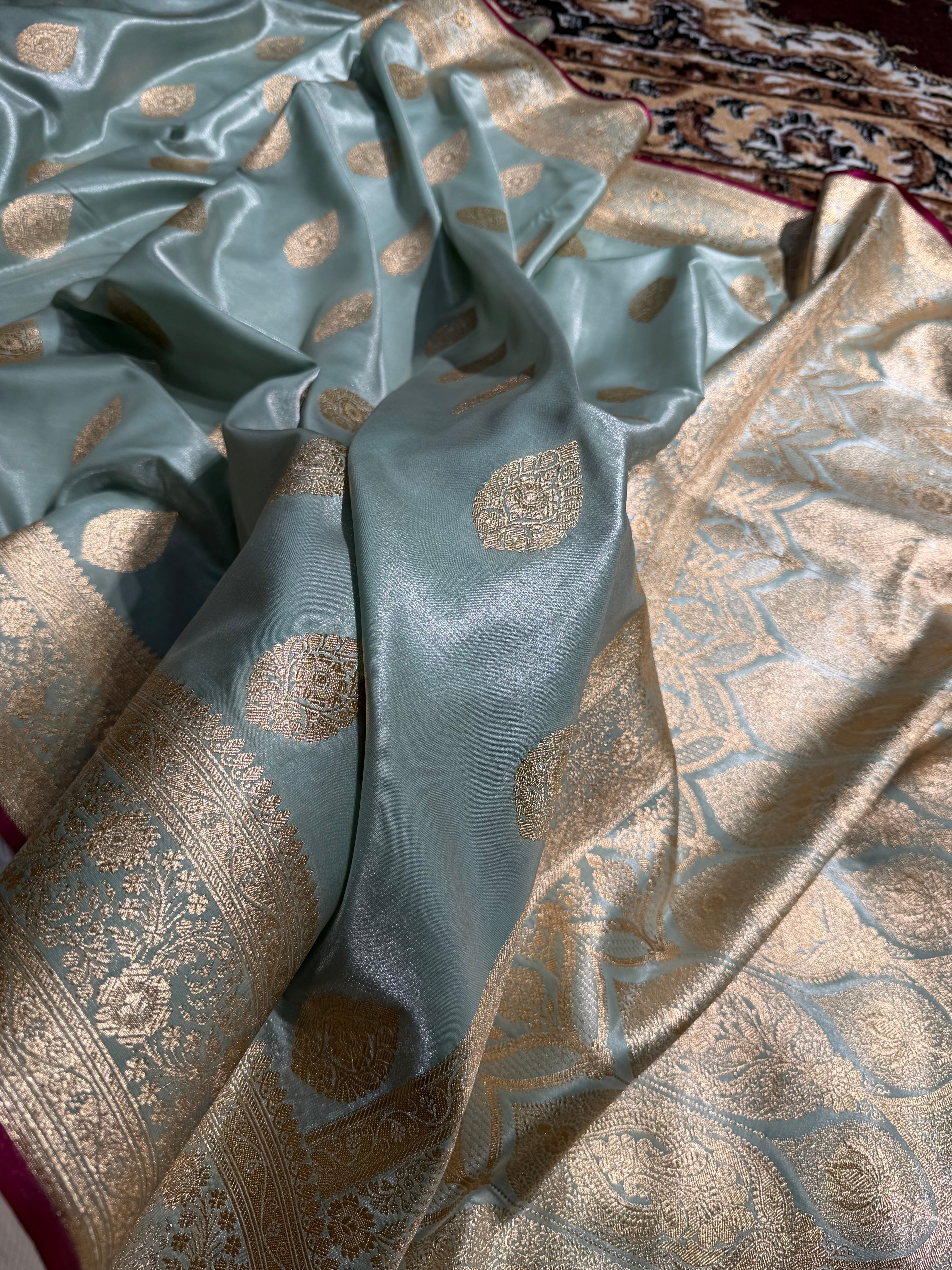 Ultra Light Weight Satin Silk Boota in Mint Green Shades SS05