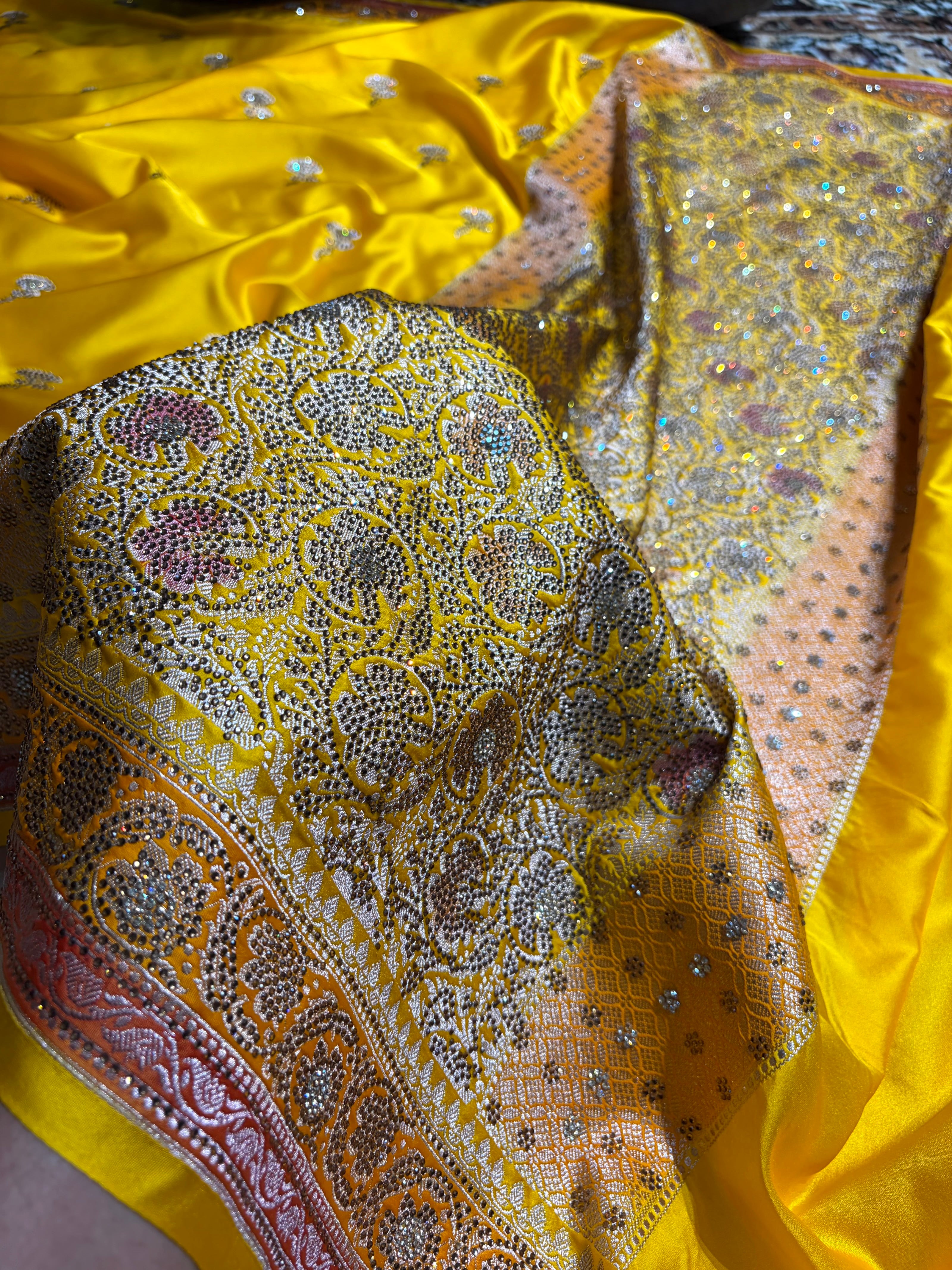 Yellow Shades With Banarasi Swarovski Stone Work Boota Mashru Silk Saree BMS51
