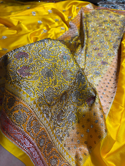 Yellow Shades With Banarasi Swarovski Stone Work Boota Mashru Silk Saree BMS51