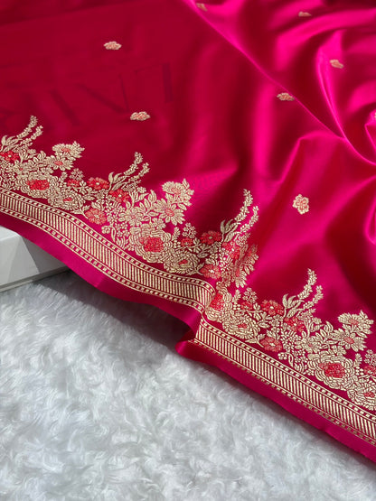 Banarasi Satin Katan Saree Booti Minakari Pattern in Rani Shades SK136