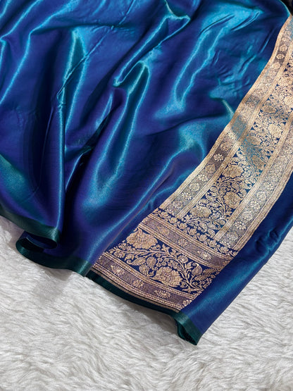 Banarasi Peacock Shades Cross Pattern Banarasi Satin Silk Saree SS51