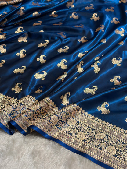 Satin Silk Saree Floral Boota in German Blue Shades SS27