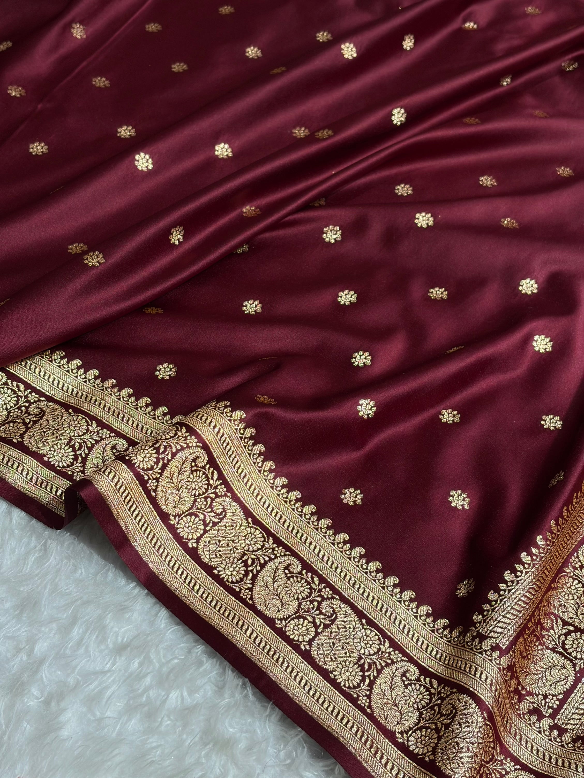 Banarasi Satin Katan Saree With Boota Pattern in Garnet Shades SK127