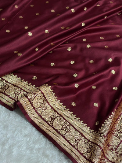Banarasi Satin Katan Saree With Boota Pattern in Garnet Shades SK127