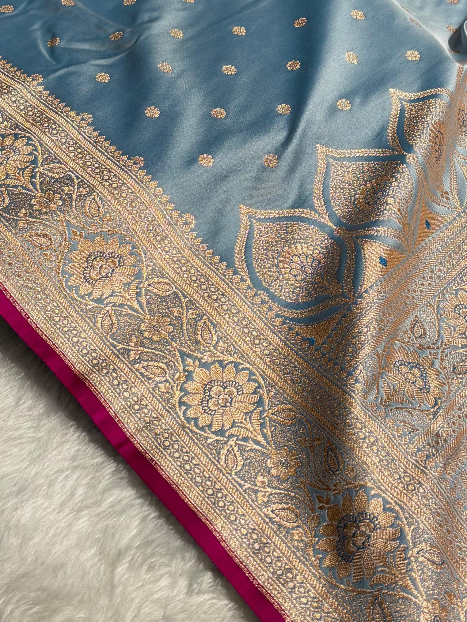 Banarasi Powder Blue Booti Satin katan Silk Saree SK11