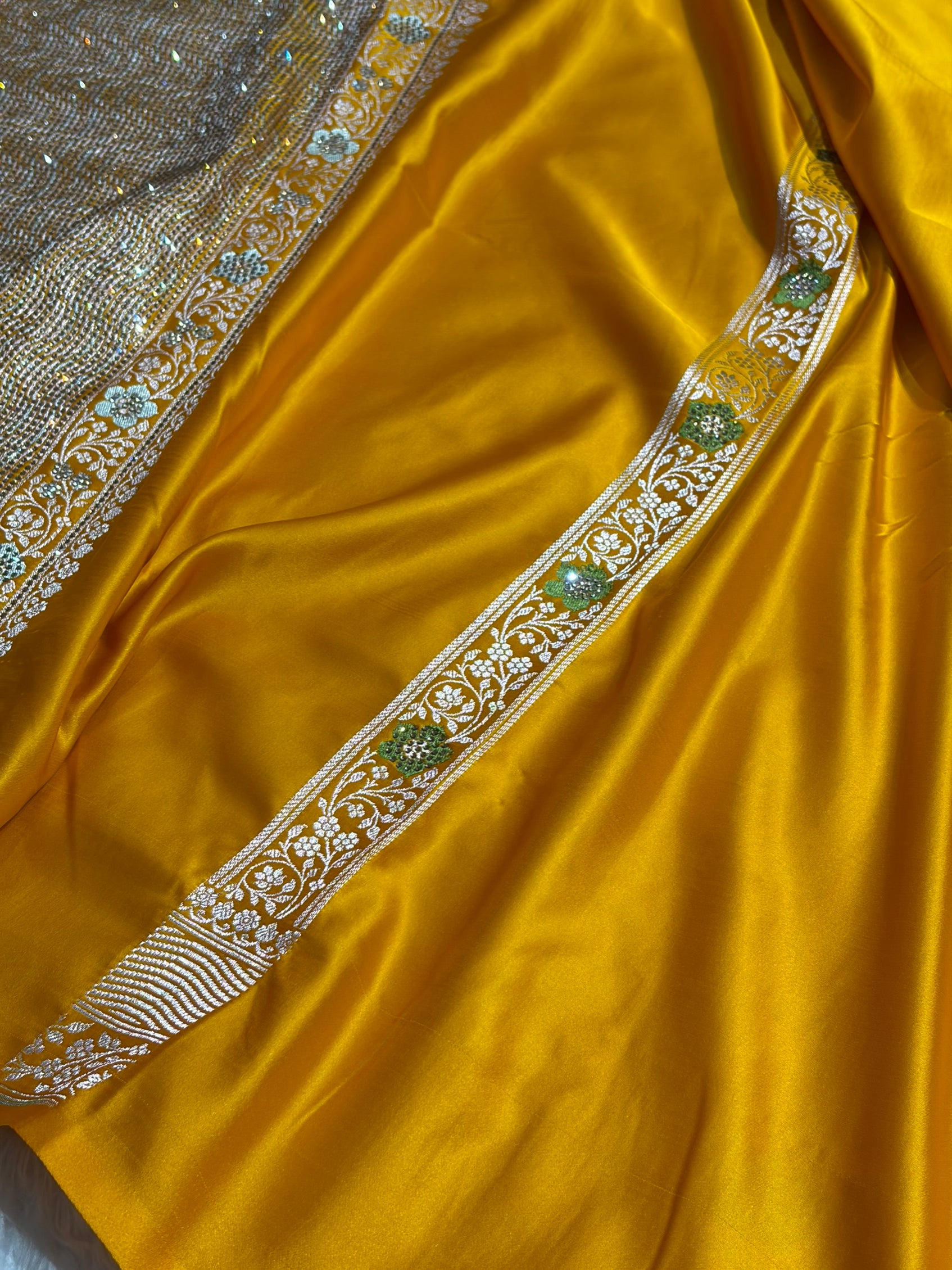 Premium Banarasi Satin Katan Saree Swarovski Work Minakari Booti Pattern in Mustard Shades BSK04