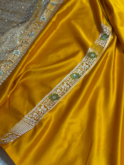 Premium Banarasi Satin Katan Saree Swarovski Work Minakari Booti Pattern in Mustard Shades BSK04