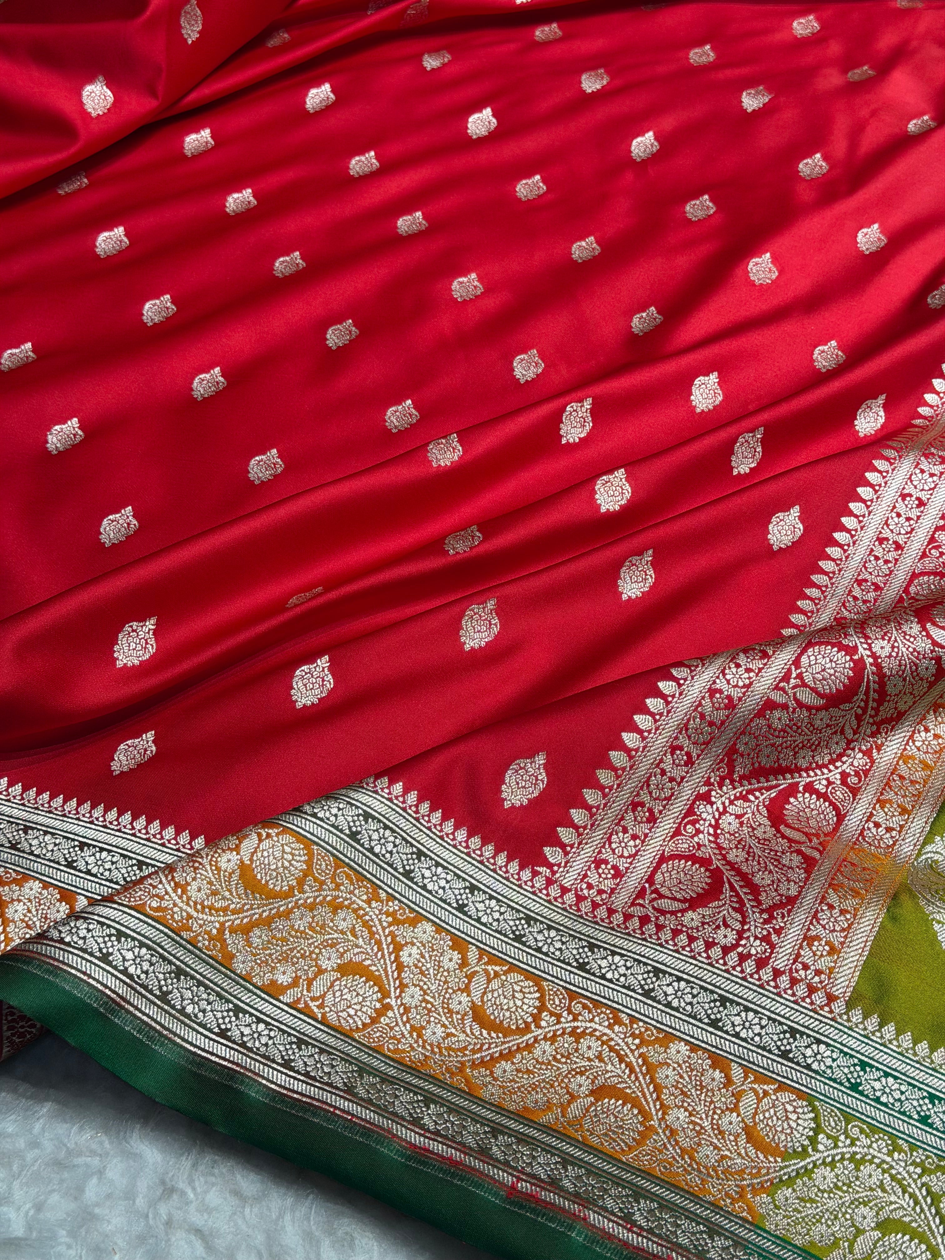 Banarasi Cross Red With Contrast Mustard Floral Border Mashru Silk Saree MSM-101