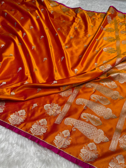 Orange Gold Skirt Border Mashru Silk Saree