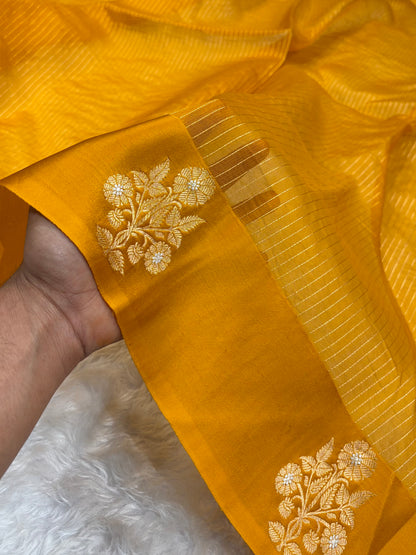 Pure Banarasi Organza Mustard Shades With Satin Border Floral Banarasi Silk Saree PO-22