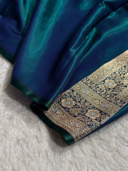 Peacock Shades Minakari Boota Pattern Banarasi Satin Silk Saree SS44
