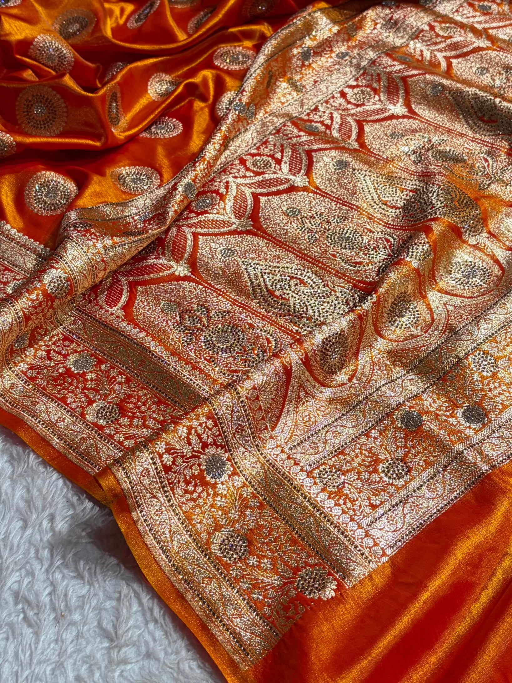 Fire Gold Shades Banarasi With Swarovski Stone Work Satin Silk Saree BSS33