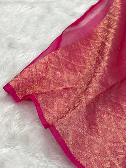 Pure Banarasi Organza Rani Shades With Minakari Floral Banarasi Silk Saree PO-24