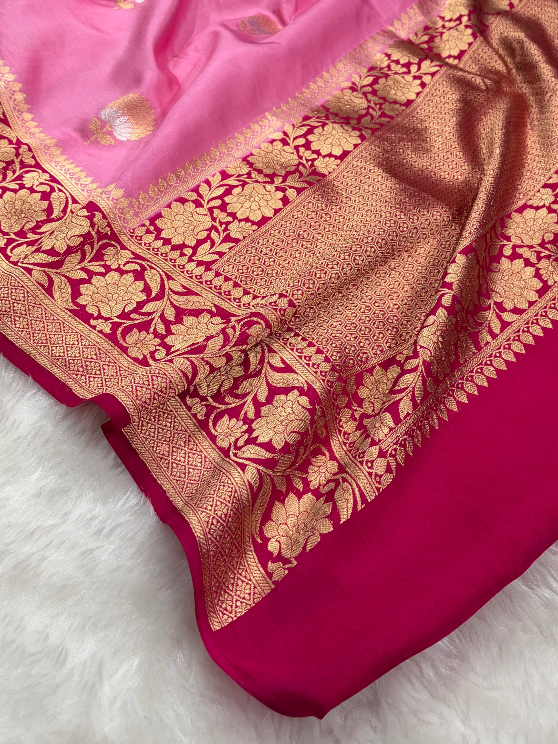 Banarasi Baby Pink With Rani Contrast Shades Minakari Boota Handwoven Pure Paper Silk RM-84