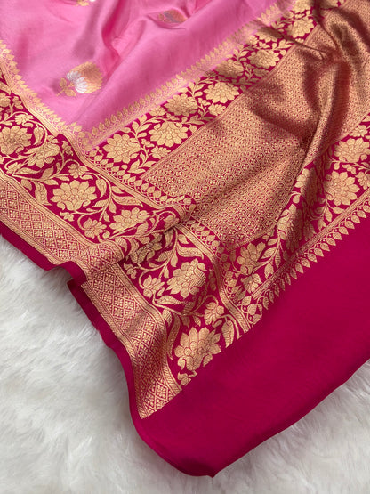 Banarasi Baby Pink With Rani Contrast Shades Minakari Boota Handwoven Pure Paper Silk RM-84