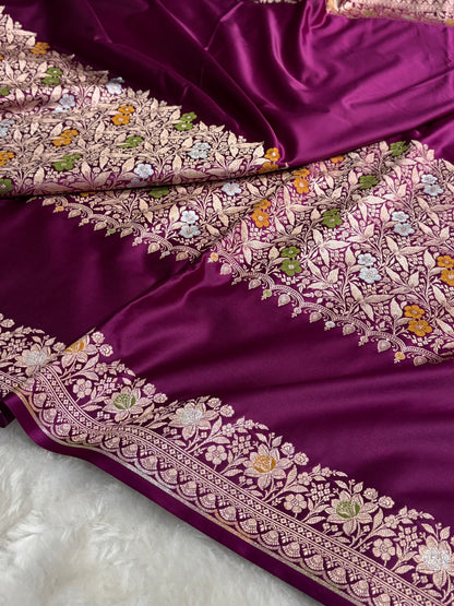 Wine Shades Banarasi Minakari Boota Skirt Pattern Floral Mashru Silk Saree MSM-116