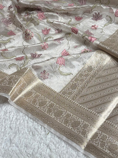 Pearl White Shades With Floral Embroidered Pure Tissue Silk Saree with Brocade Blouse PTE-18
