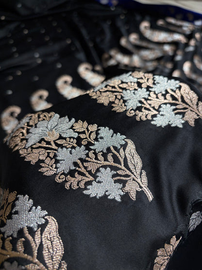Black With Royal Blue Floral Boota With Floral Border Mashru Silk Saree MSM-78