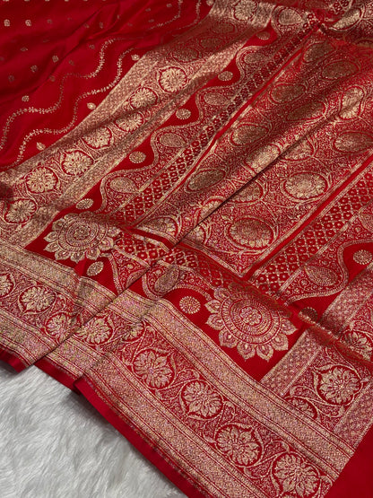 Red Katan Silk Saree In Booti Floral Motif
