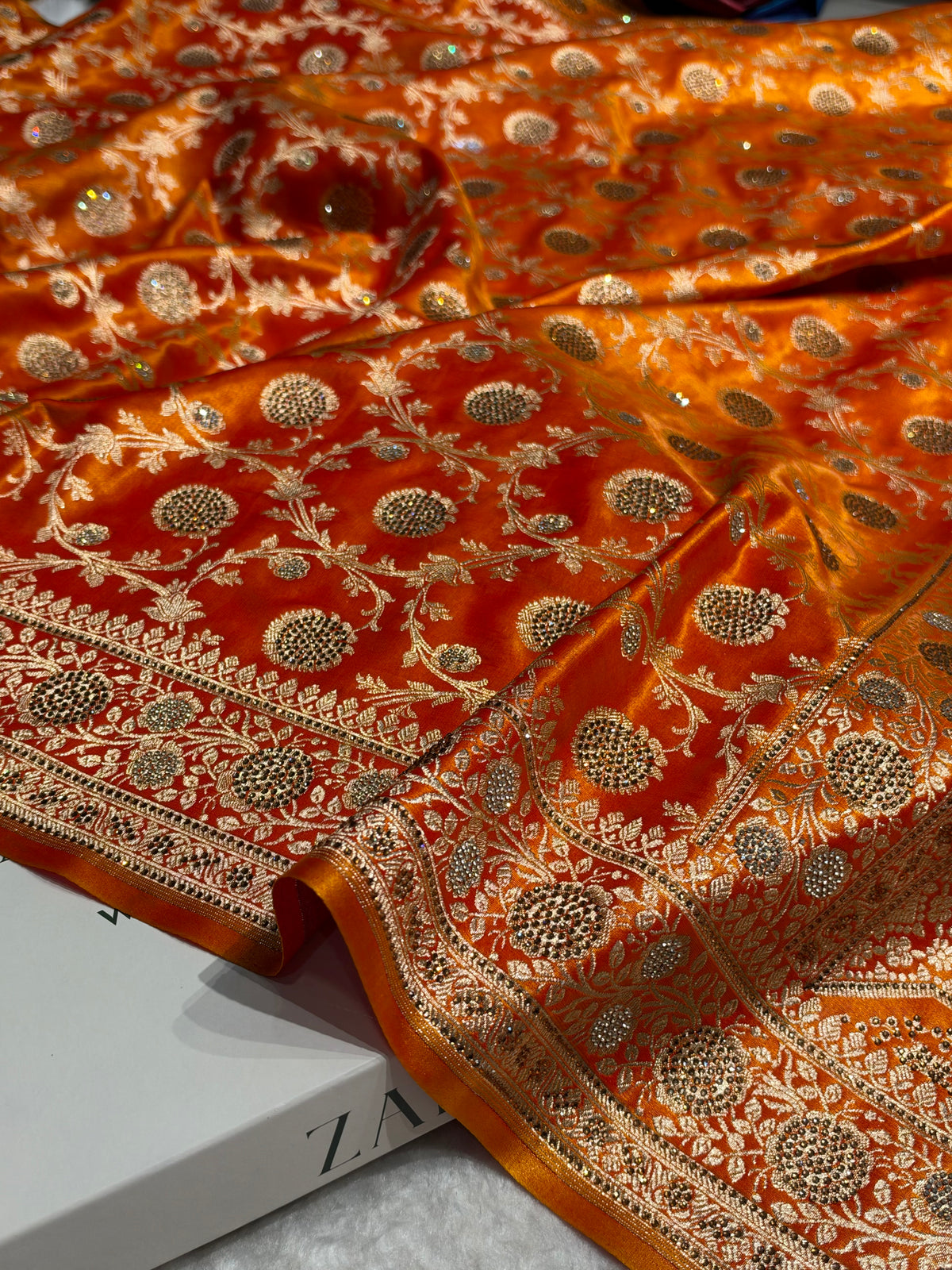 Gold With Swarovski Stone Work Jaal Pattern Satin Silk Saree BSS15