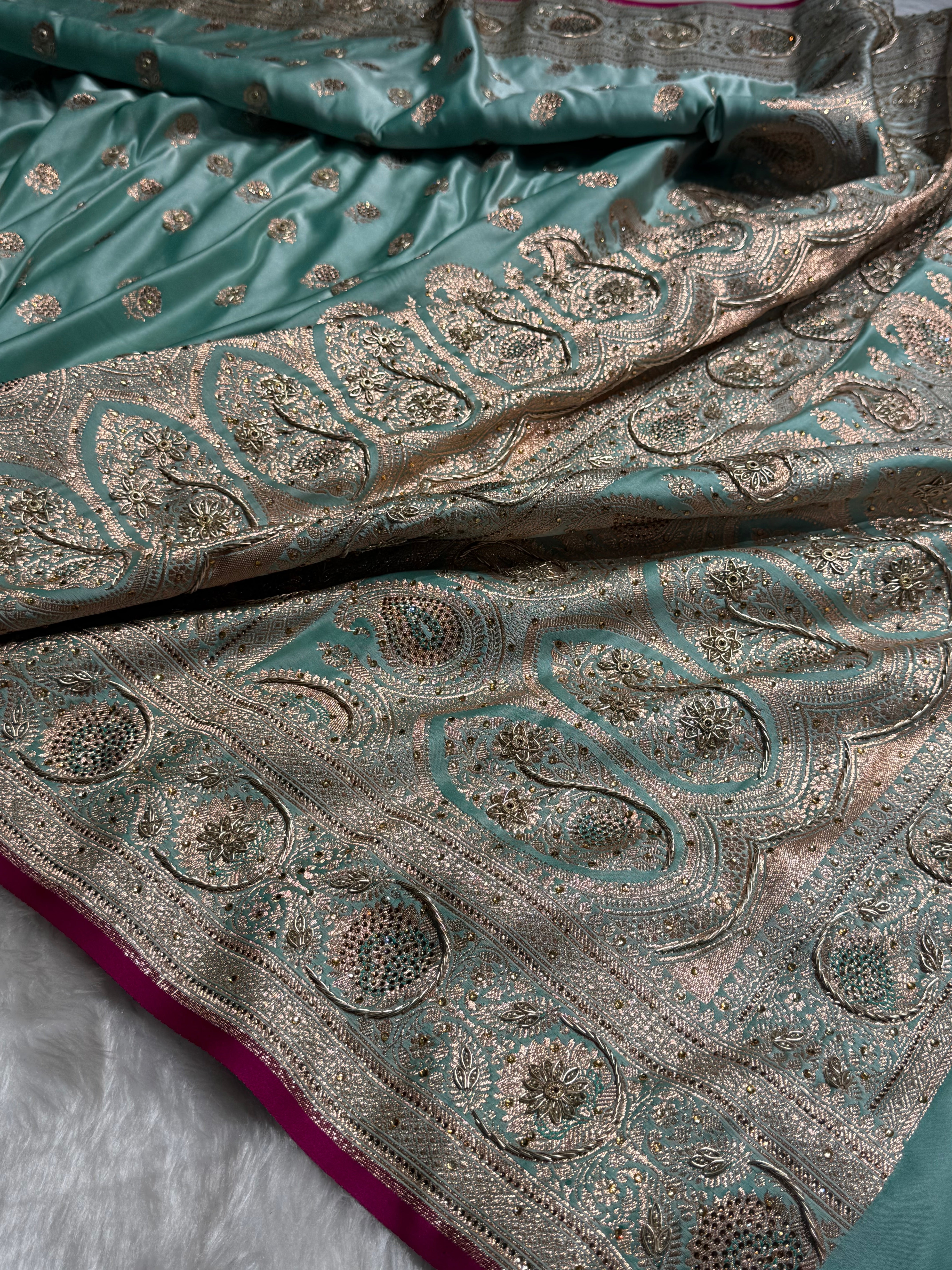 Sea Green Shades Booti Katan Silk Saree with Stone & Zardozi Work BSK12