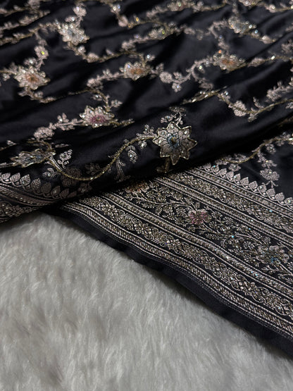 Banarasi Black Minakari Mashru Silk Saree with Ari and Swarovski work BMS07