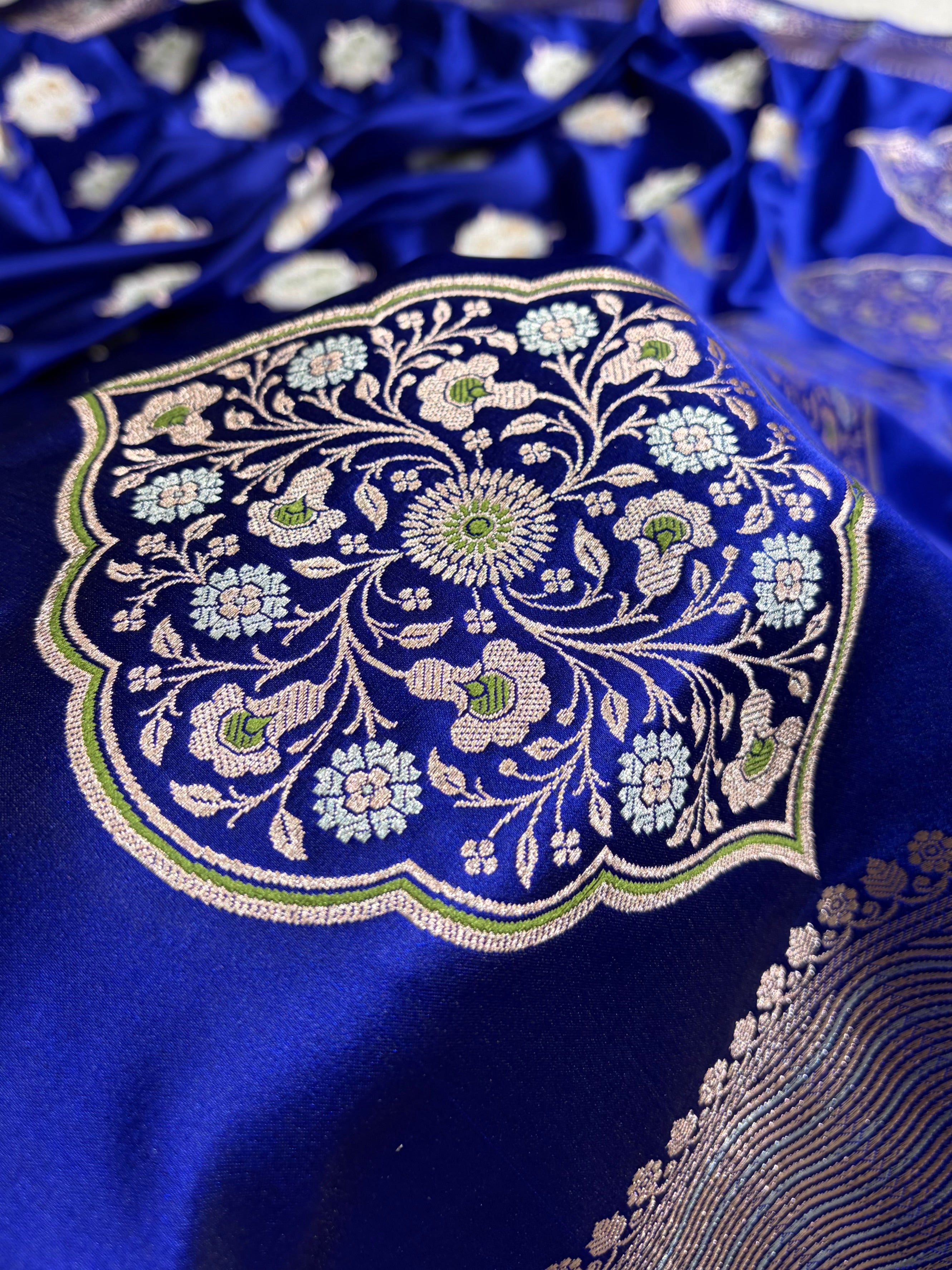 Premium Banarasi Satin Katan Saree Minakari Booti Pattern in Royal Blue Shades SK138