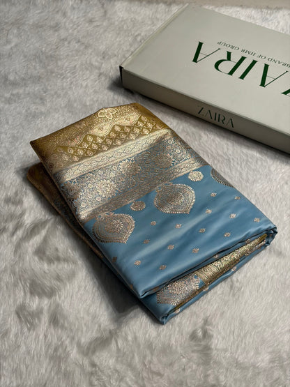 Sky Blue with Pista Booti Satin Katan Silk saree SK29