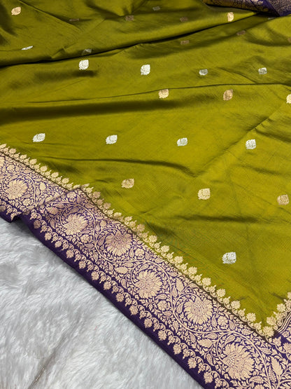 Contrast Mehendi With Purple Boota Handwoven Pure Katan Raw Mango Silk RM-33