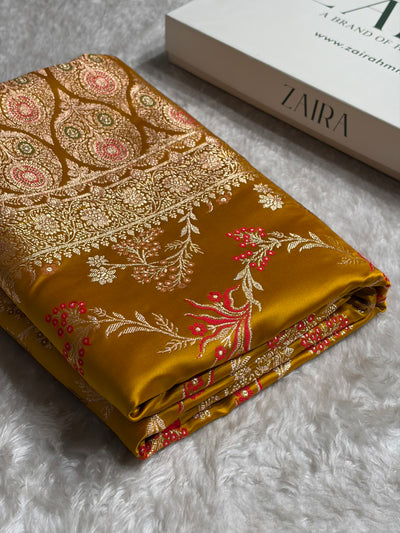 Banarasi Satin Katan Saree Floral Minakari Jaal Pattern in Mustard Shades SK151
