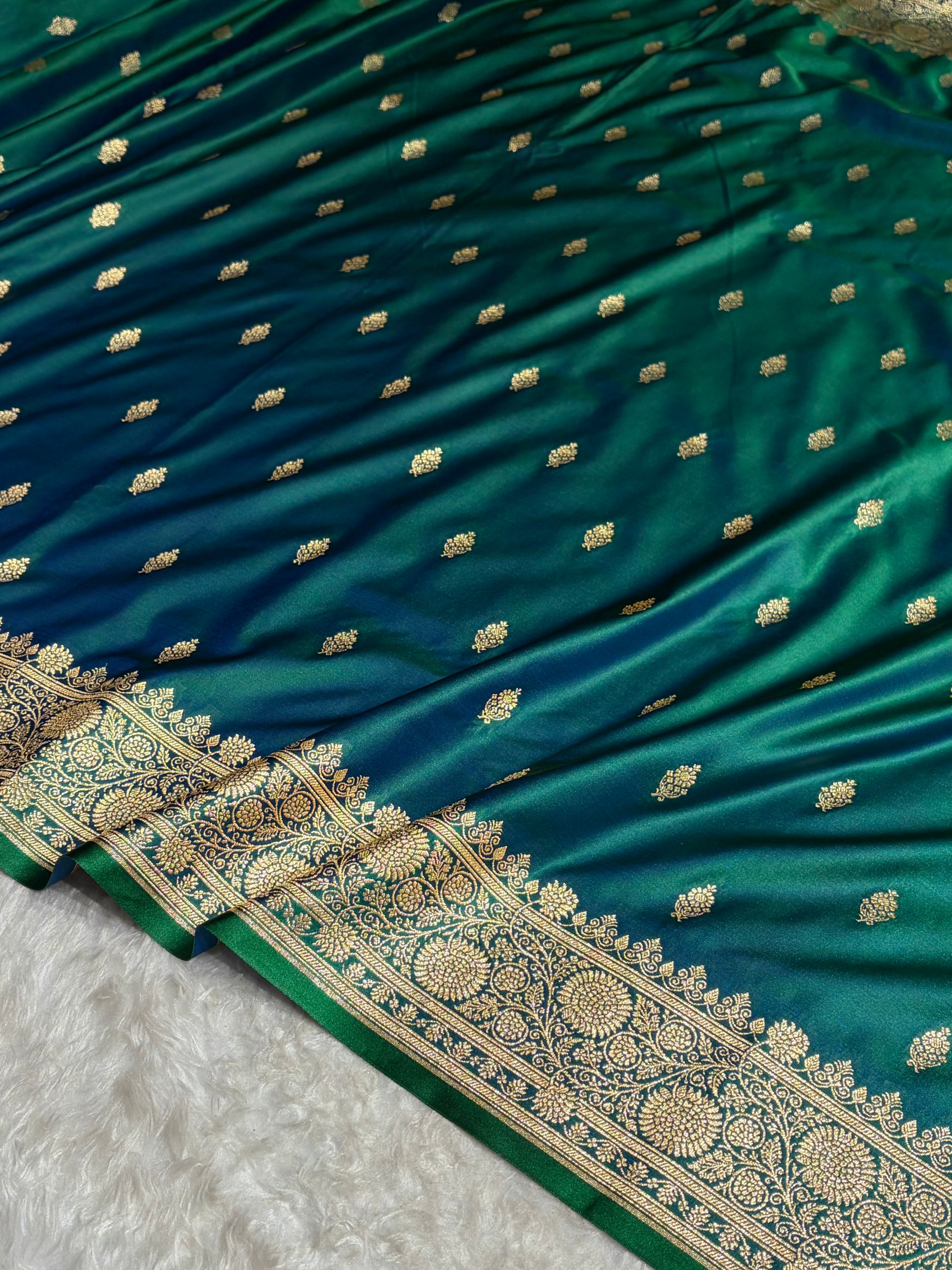 Banarasi Satin Katan Saree in Cross Green Shades SK82