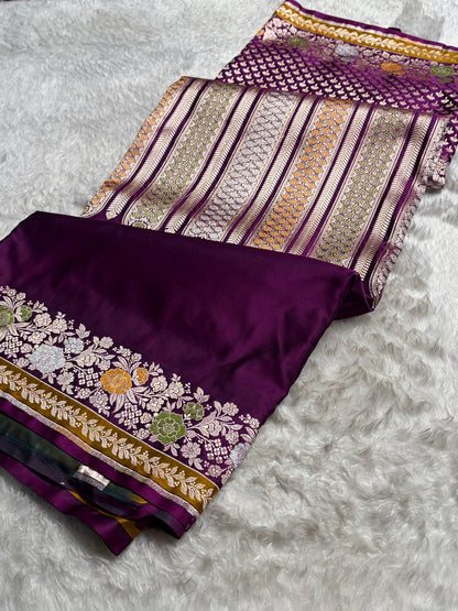 Banarasi Wine Shades Floral Minakari Skirt Border Mashru Silk Saree MSM-83