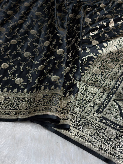 Black Banarasi Jaal Katan Silk Saree SKM37