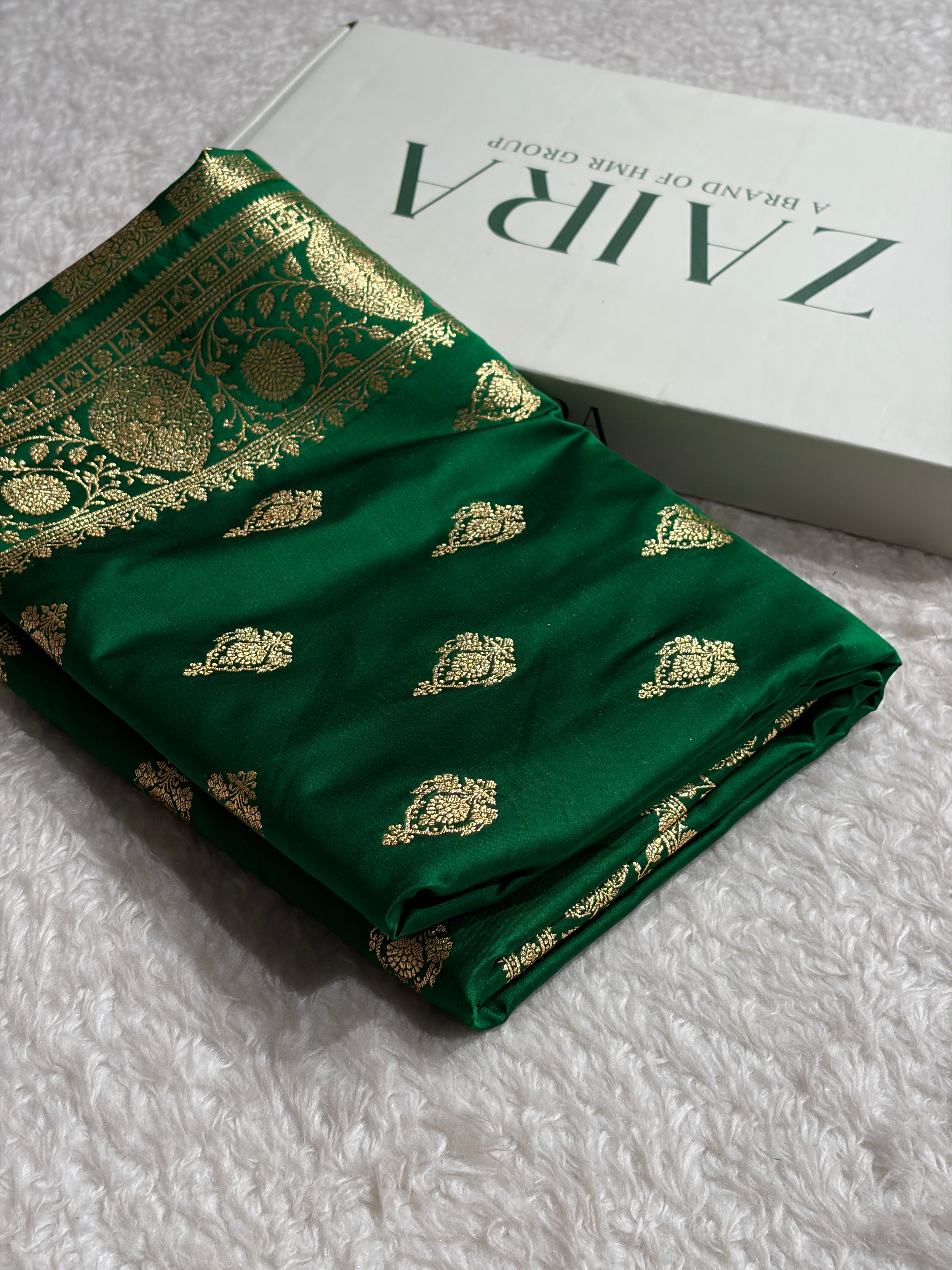 Banarasi Satin Katan Saree With Boota in Bottle Green Shades SK98