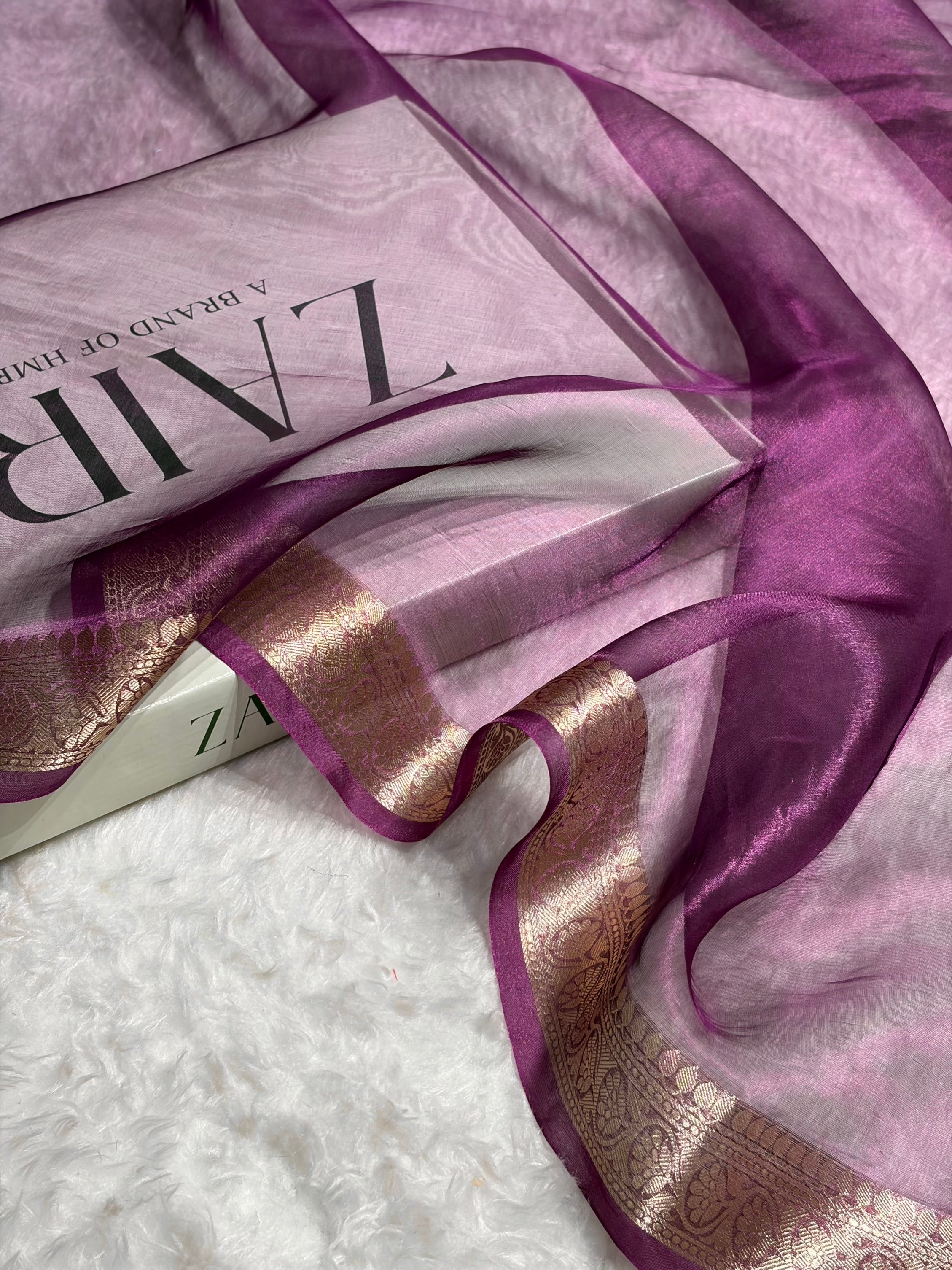 Purple Wine Shades Pure Tissue Silk Saree with Brocade Blouse PT-09