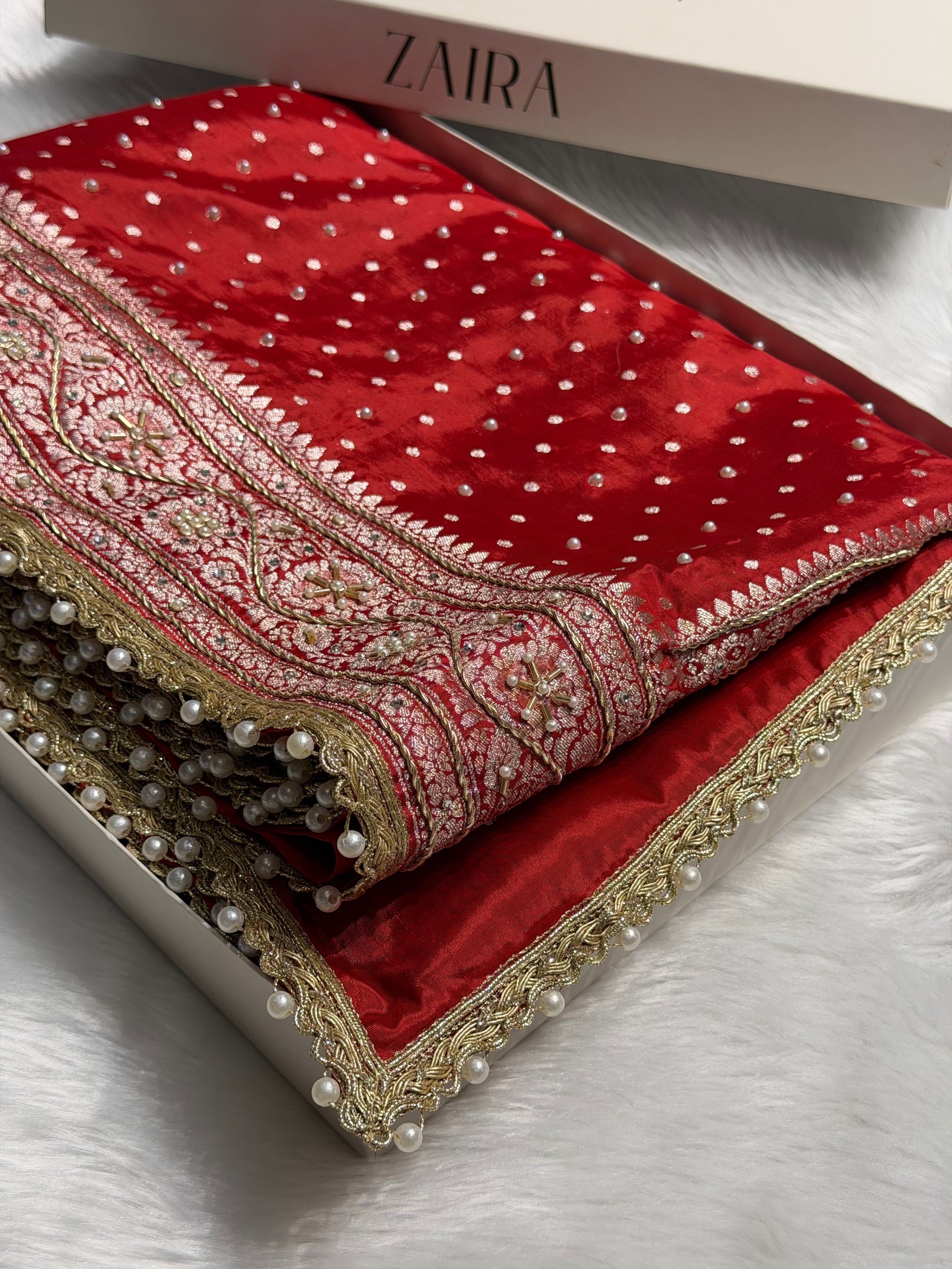 Bridal Red Shades Crepe Silky Katan With Ari Zardozi & Gotta Patti Work  Banarasi Saree BCSKGP-06