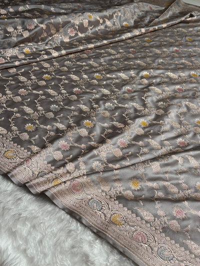 Gray Shades In Banarasi Minakari Jaal Mashru Silk Saree MCS42