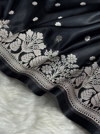 Black Floral Boota With Floral Border Mashru Silk Saree MSM 79