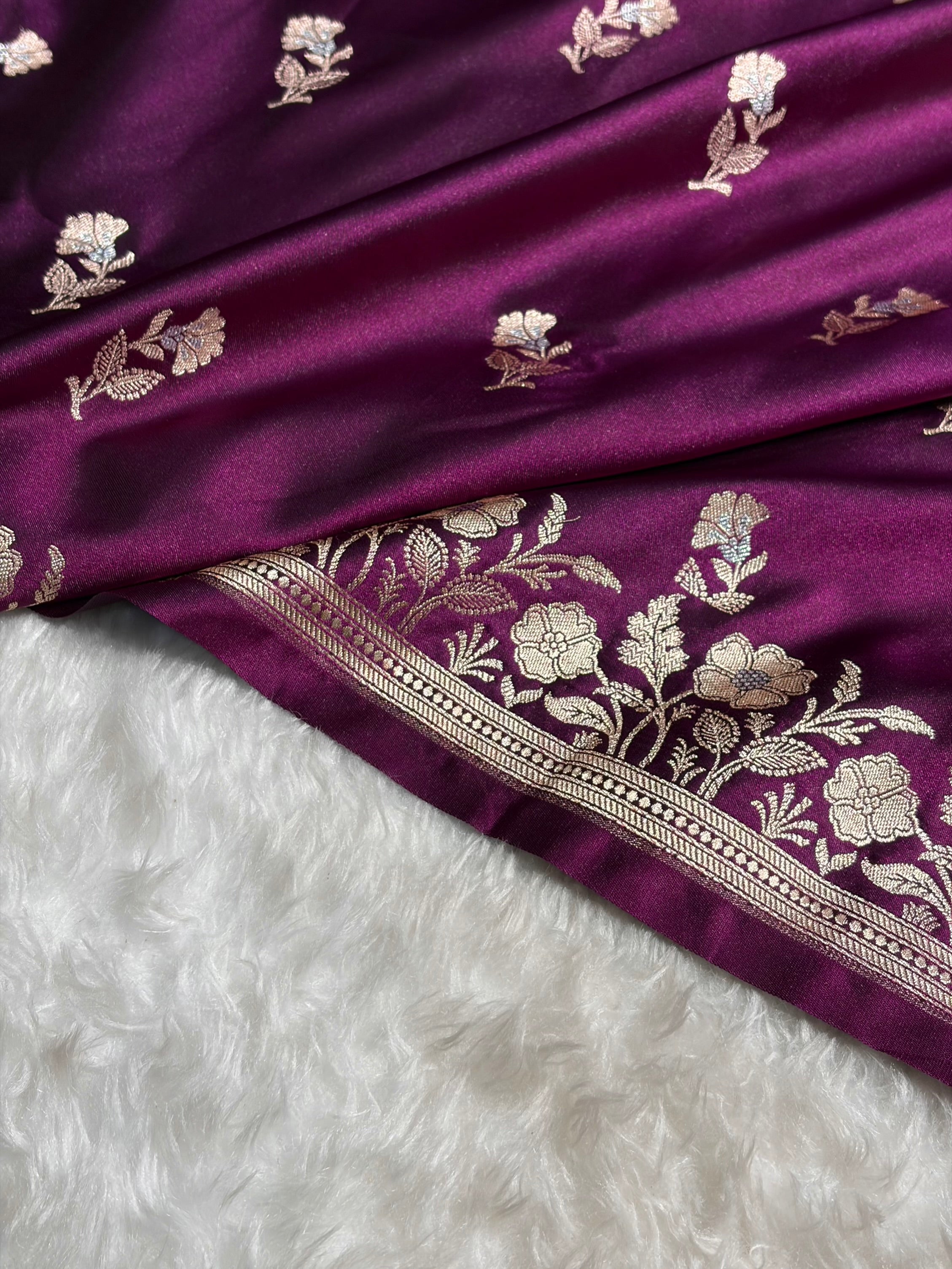 Banarasi Wine Boota With Floral Border Mashru Silk Saree MSM-88