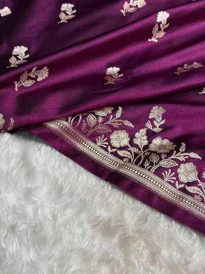 Banarasi Wine Boota With Floral Border Mashru Silk Saree MSM-88