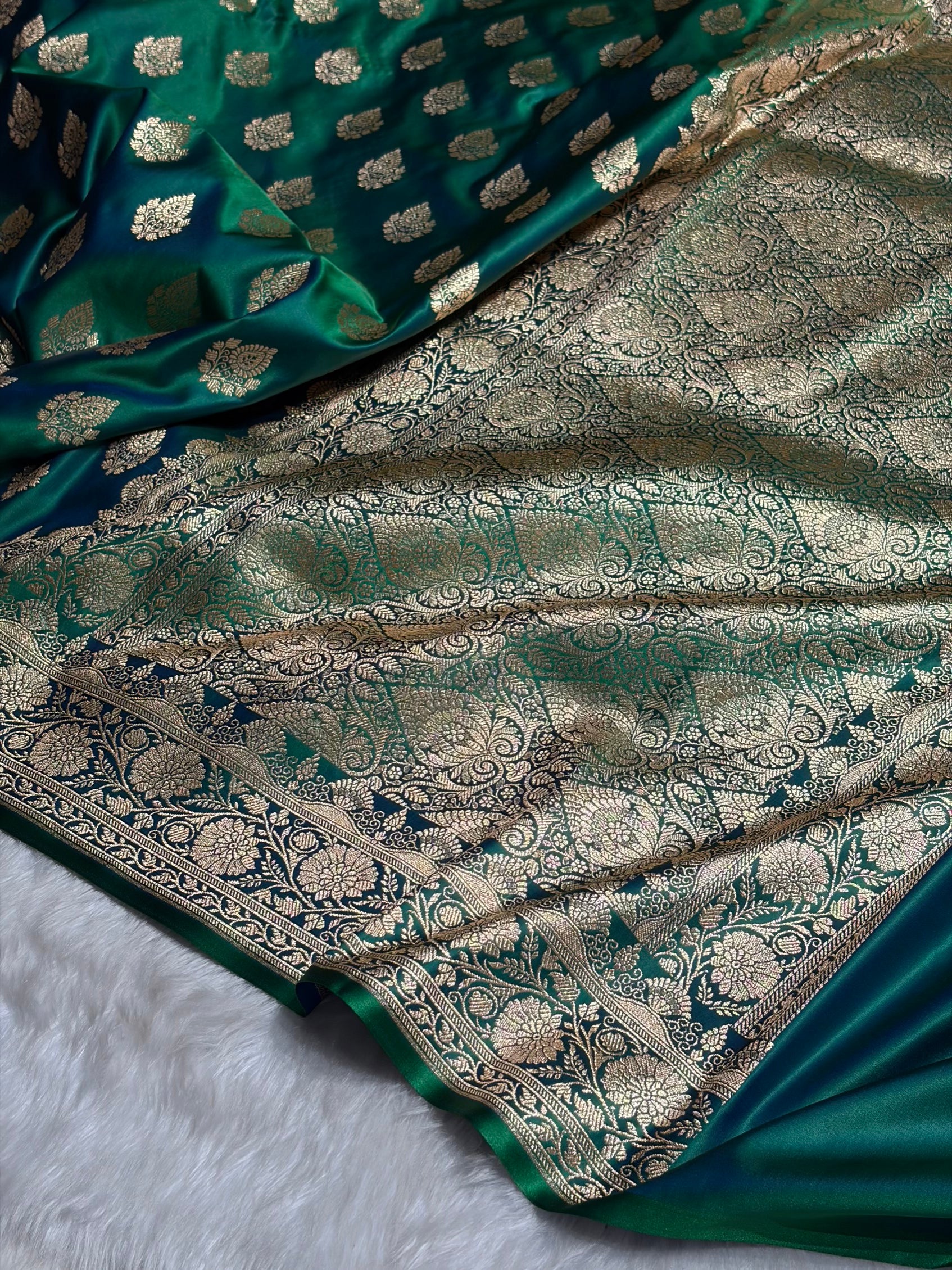 Green Cross Floral Boota Pattern Satin Katan Silk saree SK45