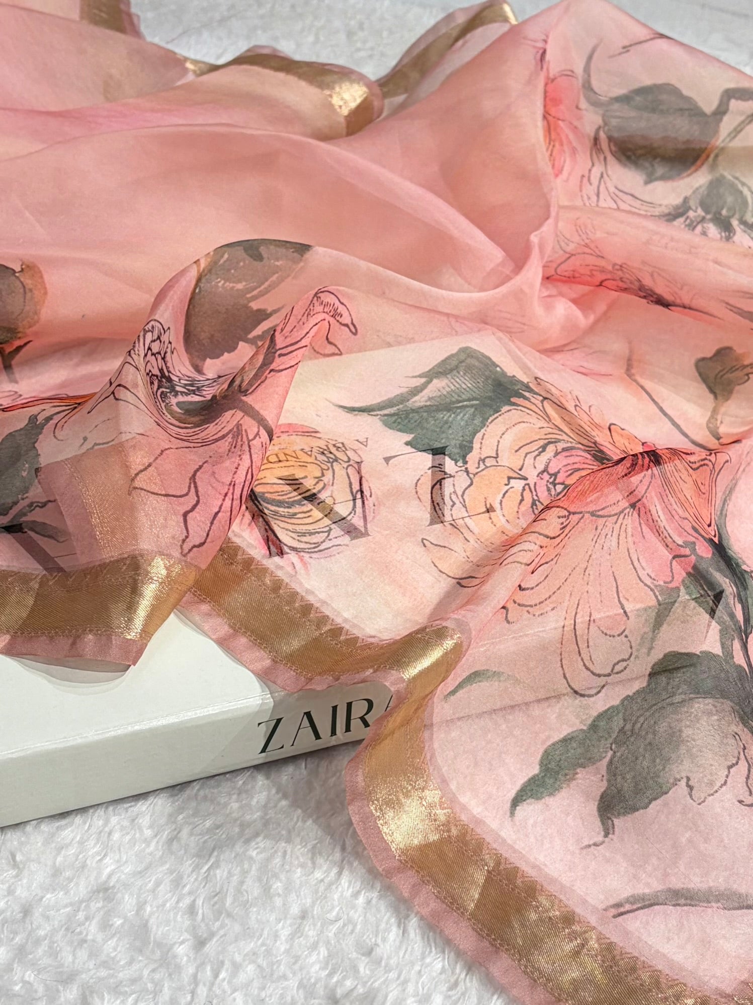 Organza with Pastel Multicolor Florals & Gold Zari Border POP19