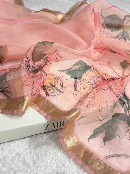 Organza with Pastel Multicolor Florals & Gold Zari Border POP19