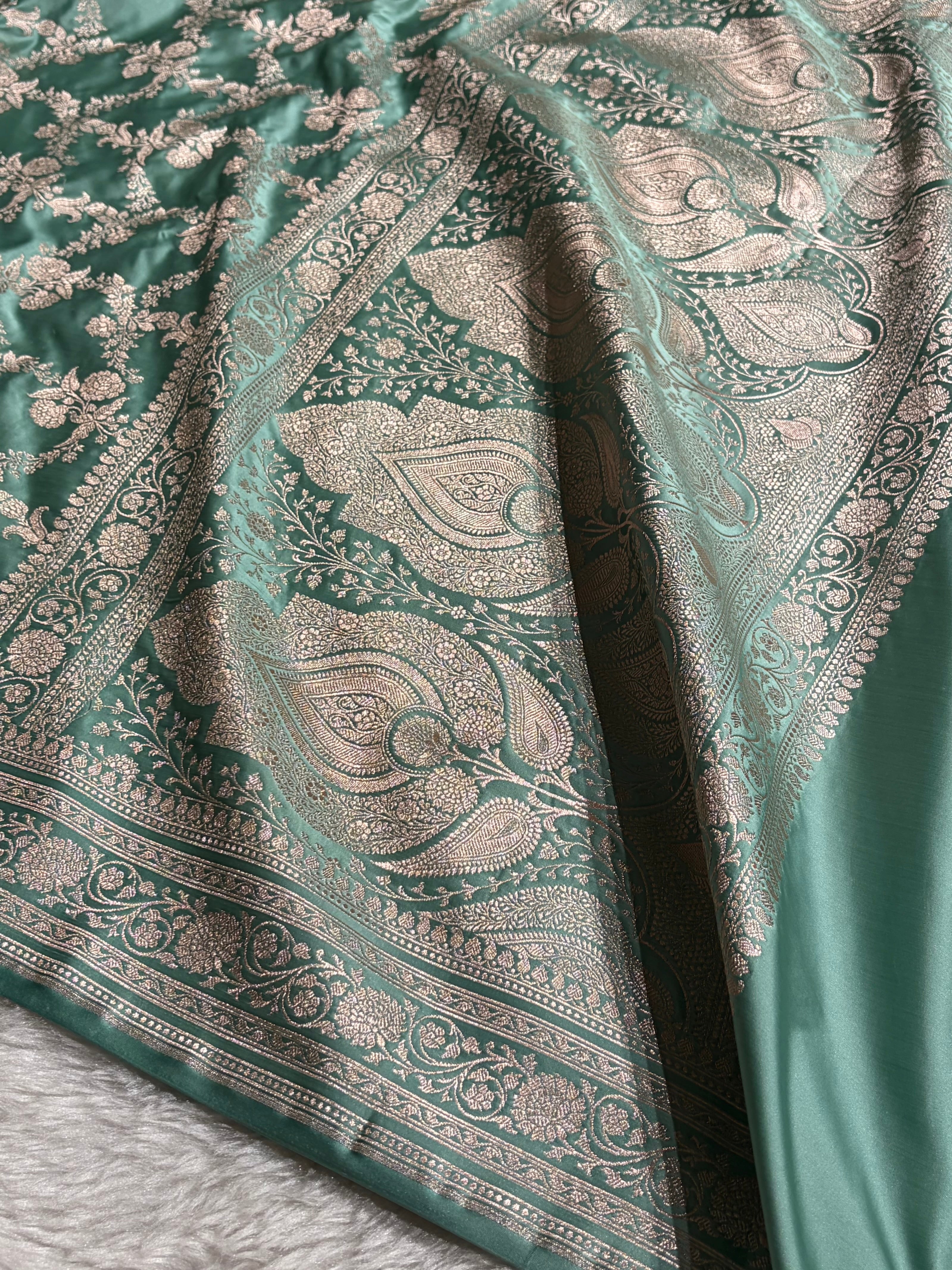 Sea Green Banarasi With Floral Jaal Pattern Mashru Silk Saree MSM-130